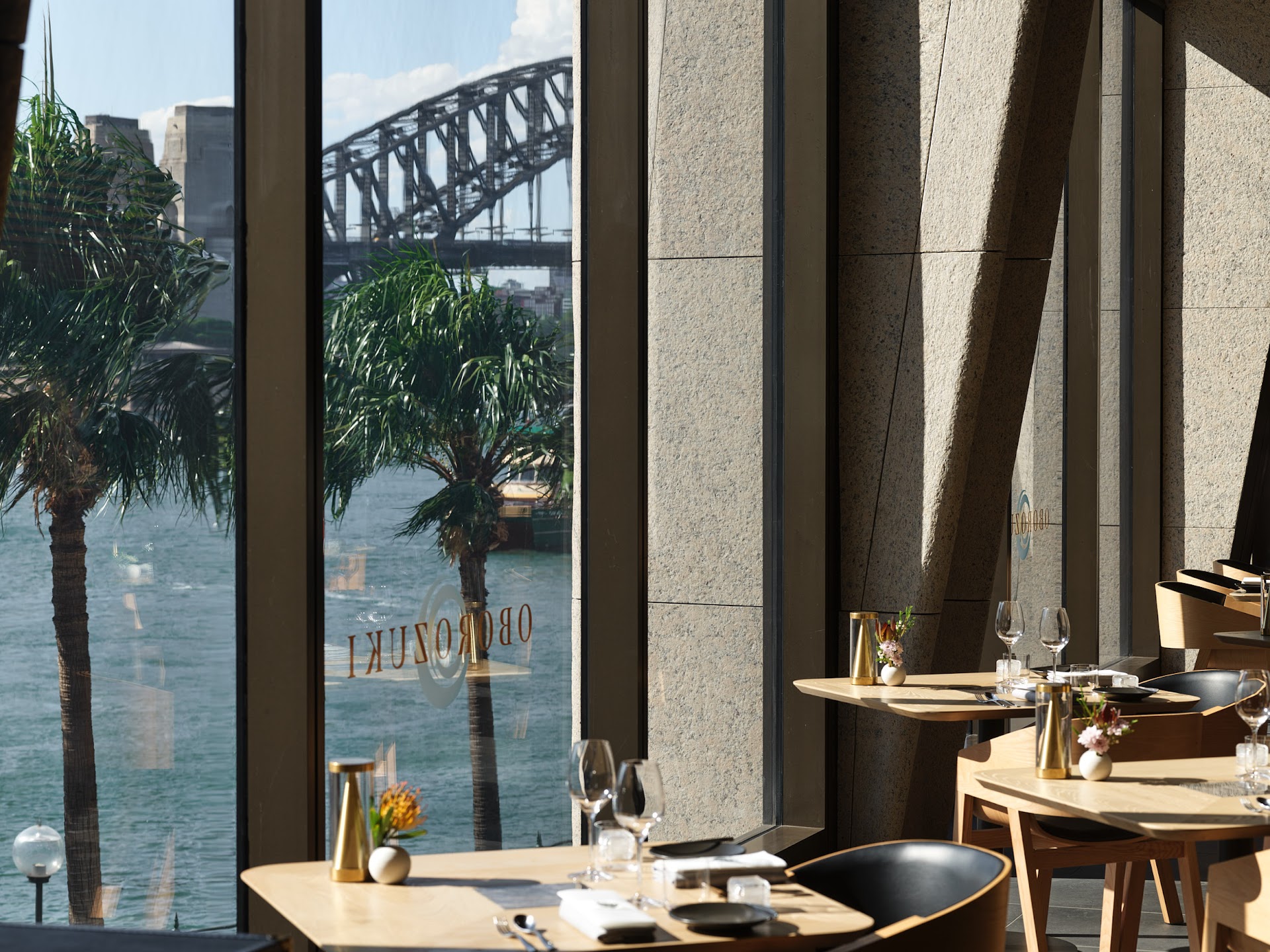 Harbour-view table setting at Oborozuki overlooking Circular Quay.
